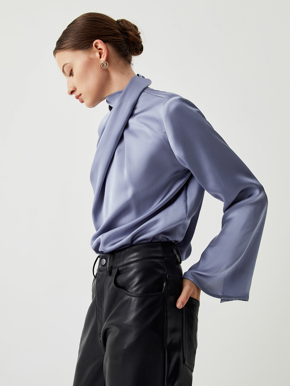 Satin blouse with asymmetric pleated collar
