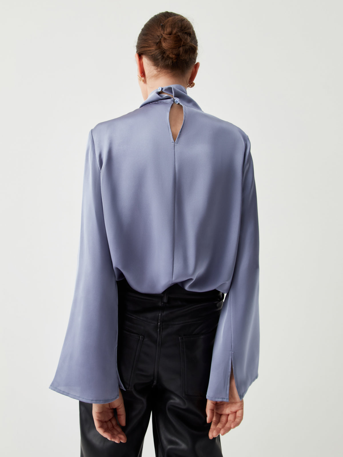 Satin blouse with asymmetric pleated collar