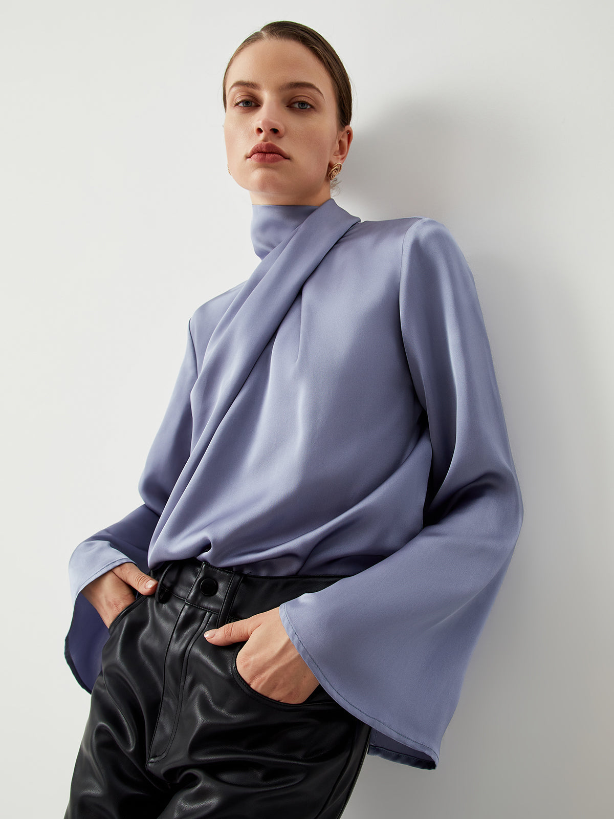 Satin blouse with asymmetric pleated collar