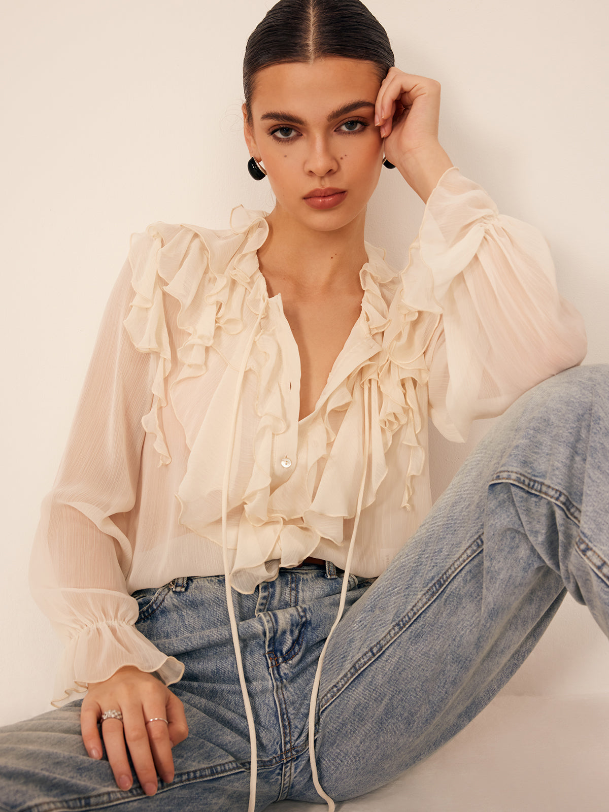 Thin Chiffon Blouse with Ruffles