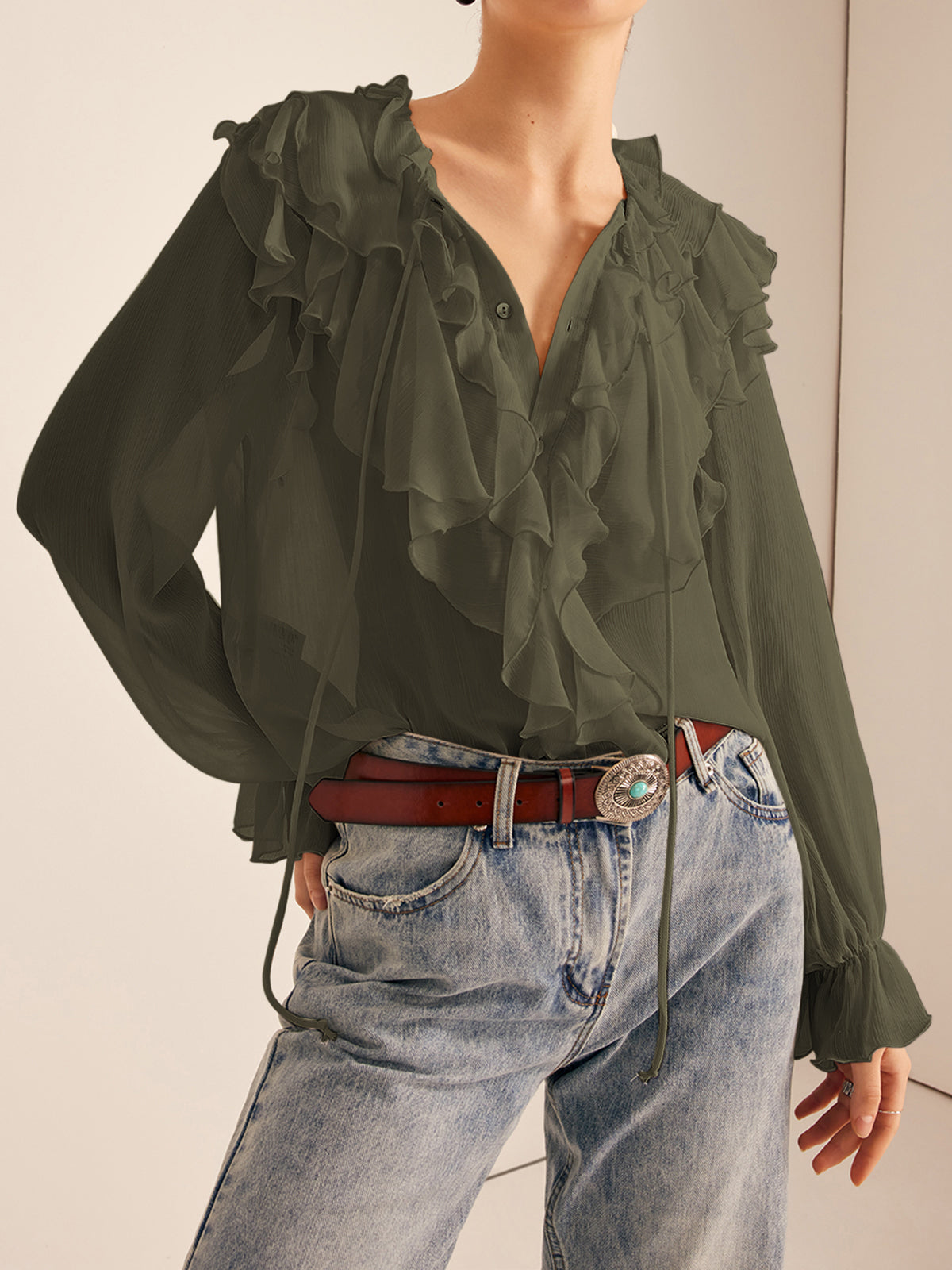 Thin Chiffon Blouse with Ruffles