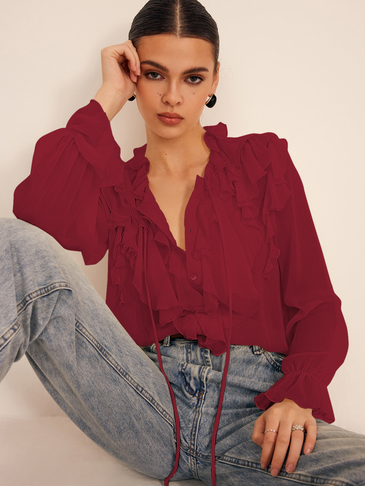 Thin Chiffon Blouse with Ruffles
