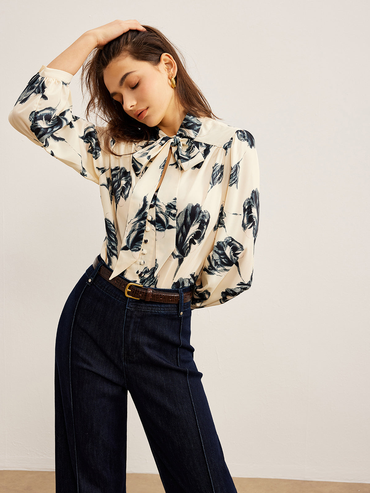 Satin Blouse with Print and Tied Collar