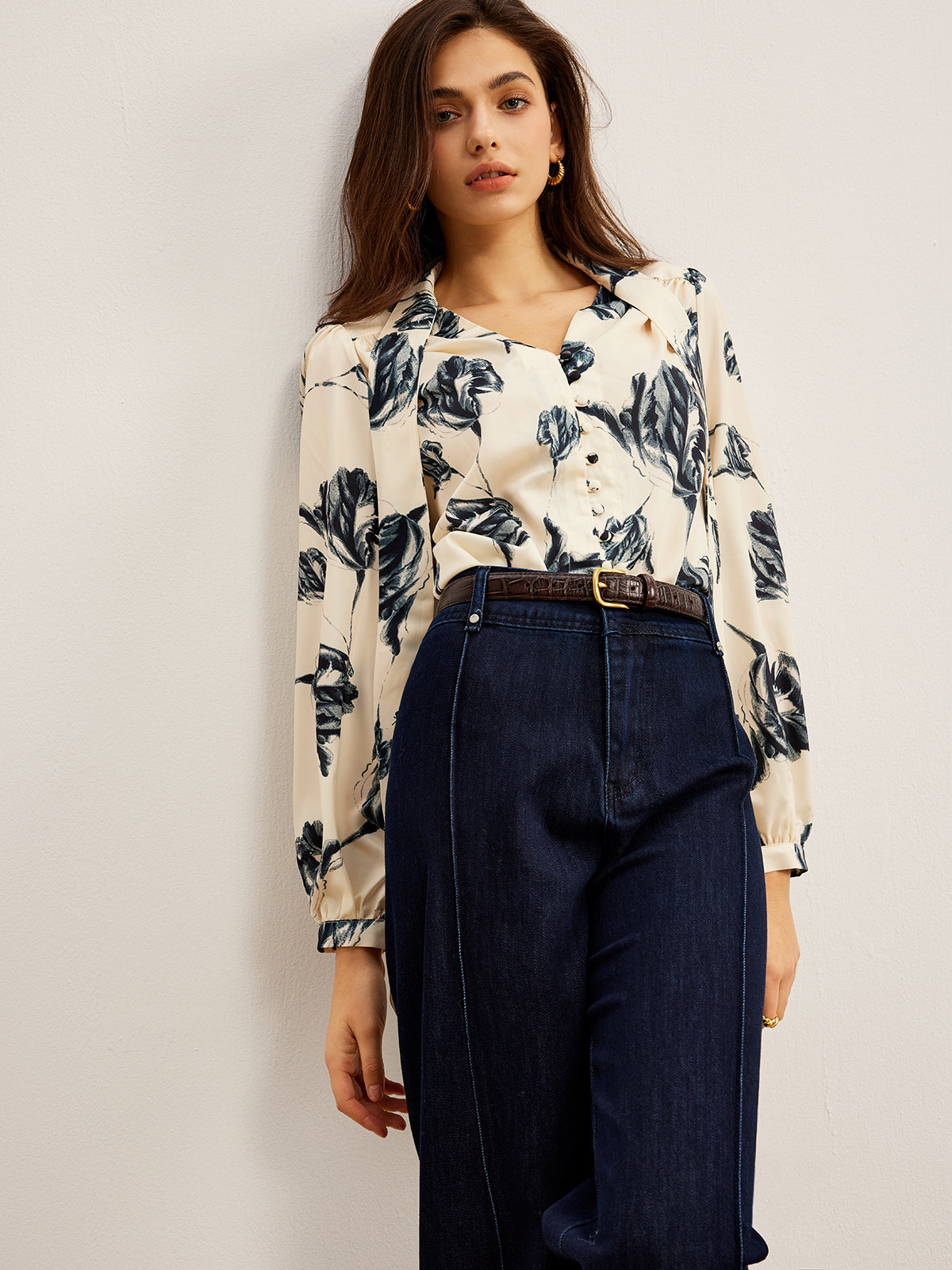Satin Blouse with Print and Tied Collar