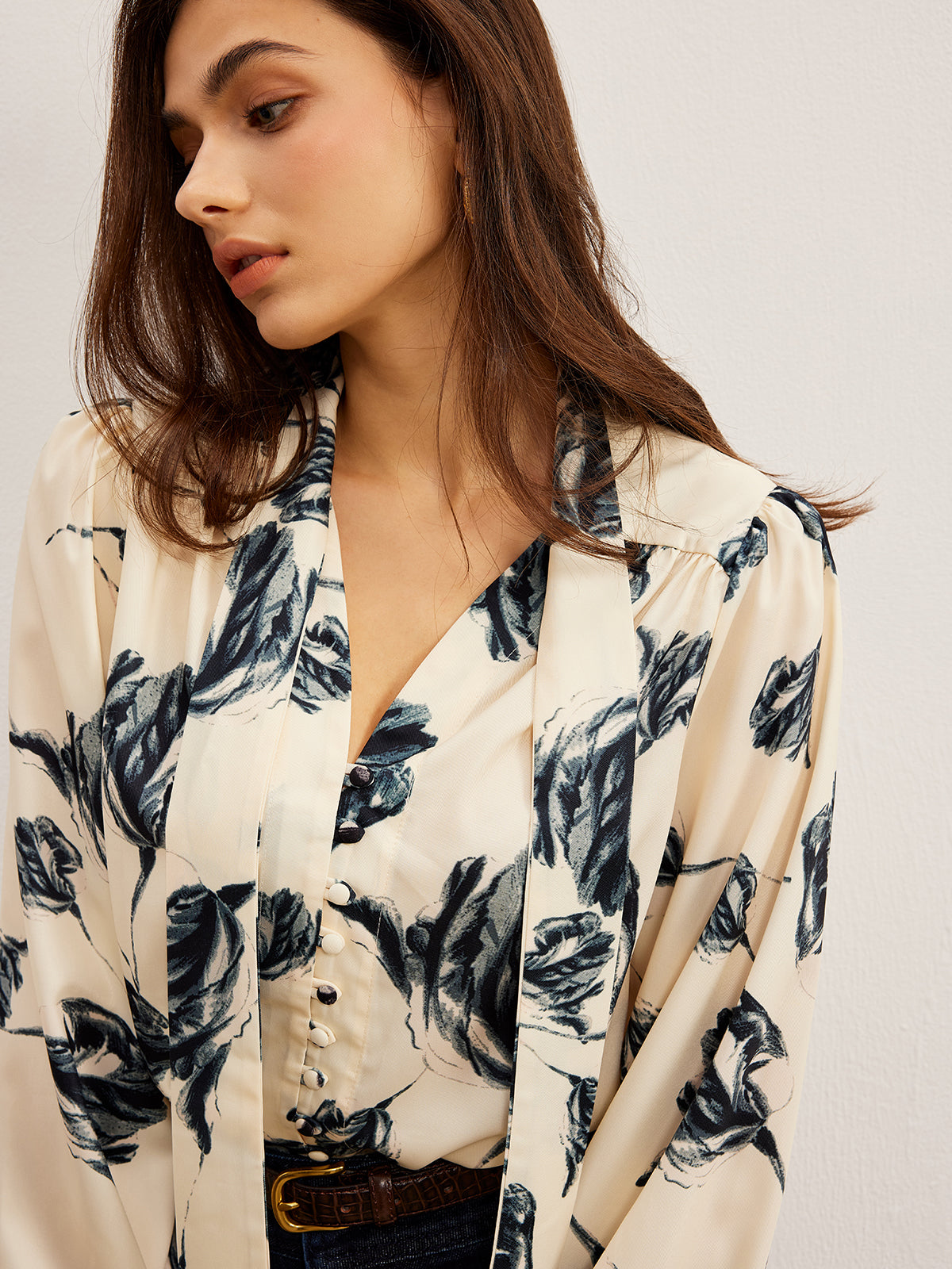 Satin Blouse with Print and Tied Collar