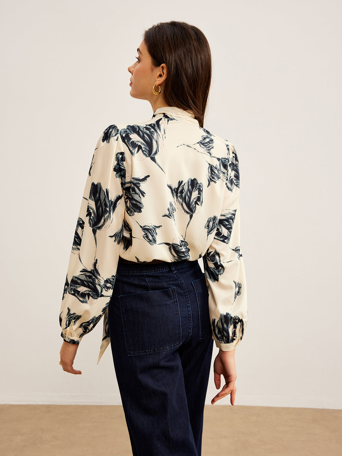 Satin Blouse with Print and Tied Collar