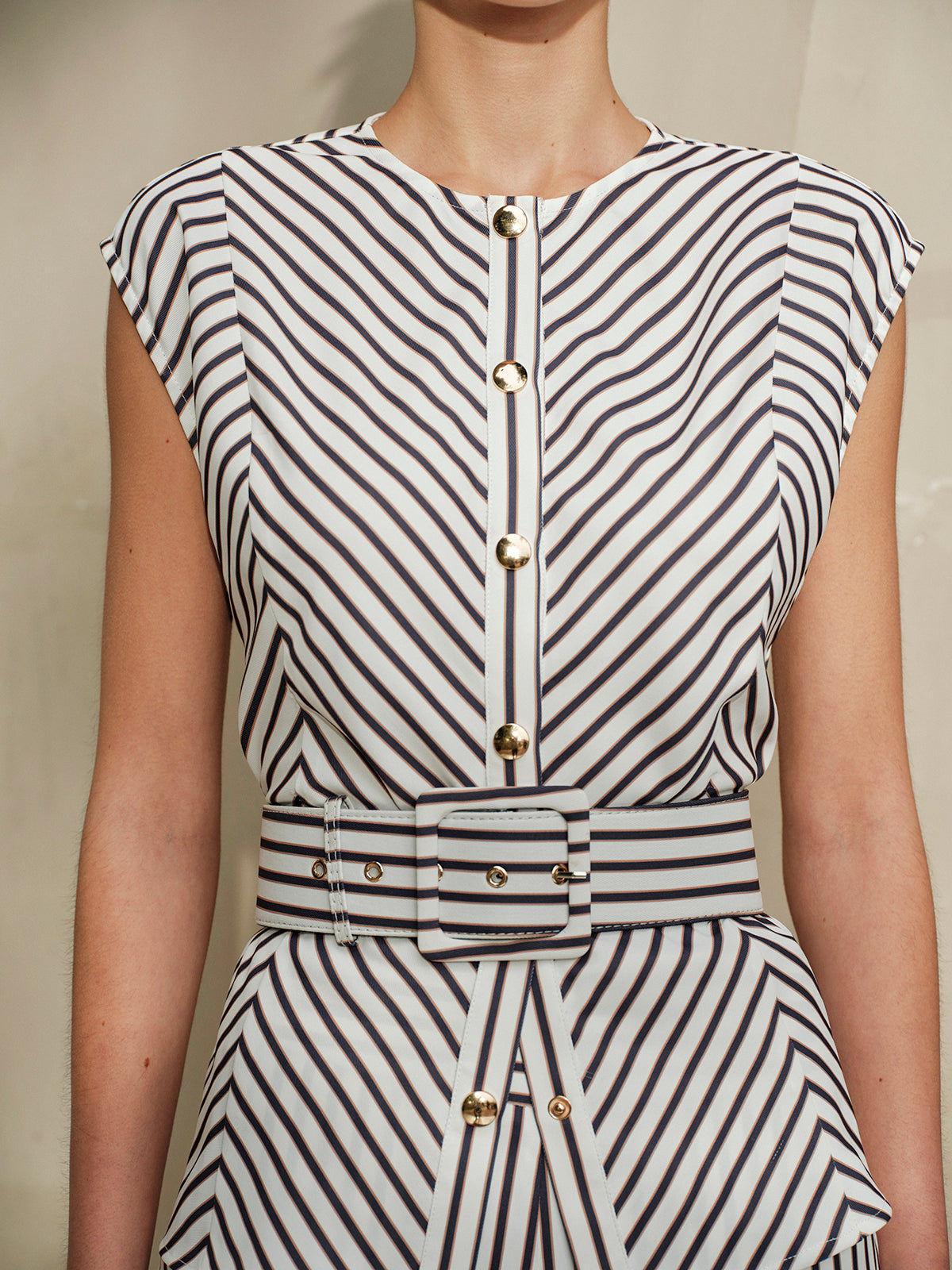 Metallic Striped Shirt with Round Collar and Belt