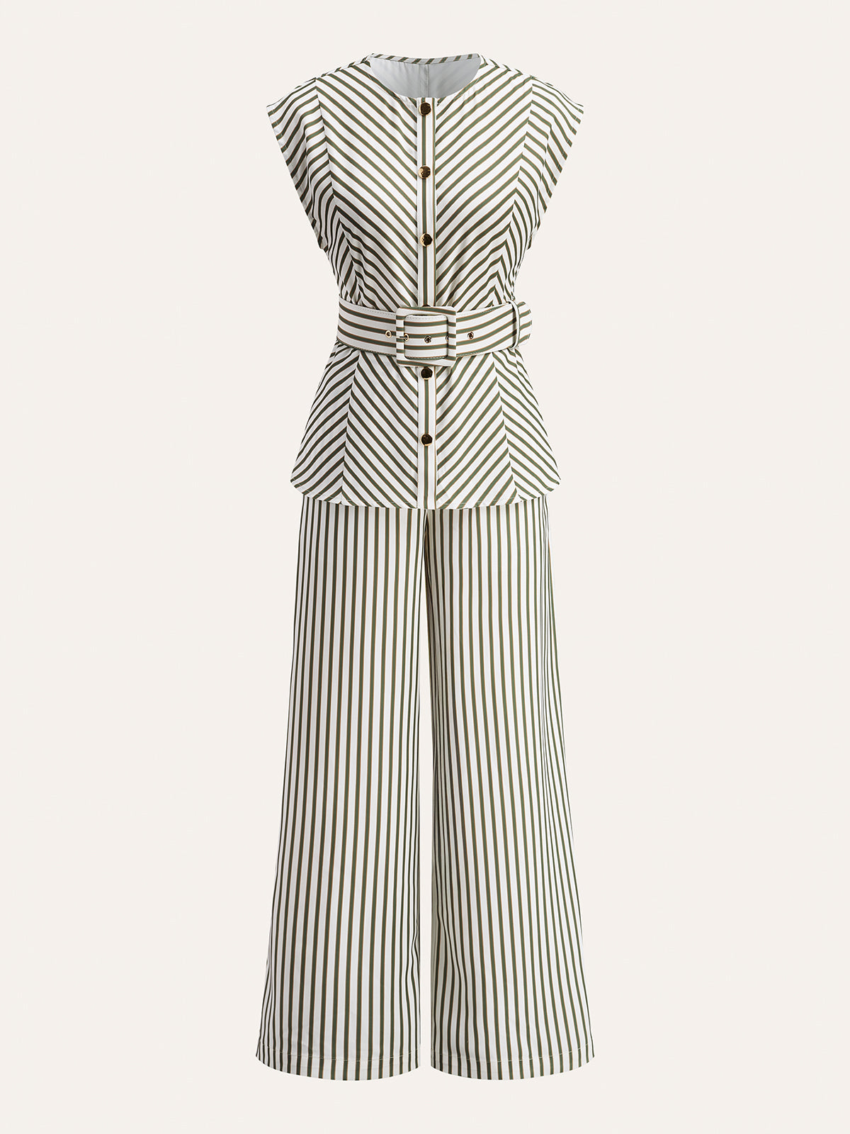 Metallic Striped Shirt with Round Collar and Belt