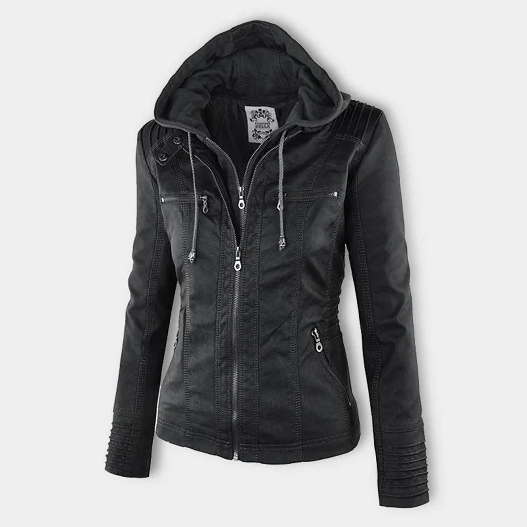Sophia Rebel™ | Women's Windproof Leather Jacket with Hood