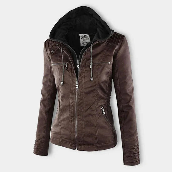 Sophia Rebel™ | Women's Windproof Leather Jacket with Hood