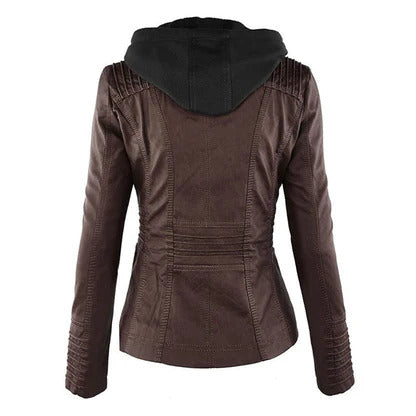 Sophia Rebel™ | Women's Windproof Leather Jacket with Hood