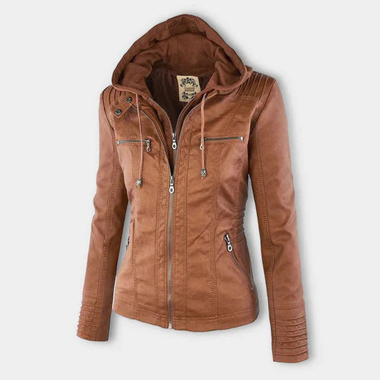 Sophia Rebel™ | Women's Windproof Leather Jacket with Hood