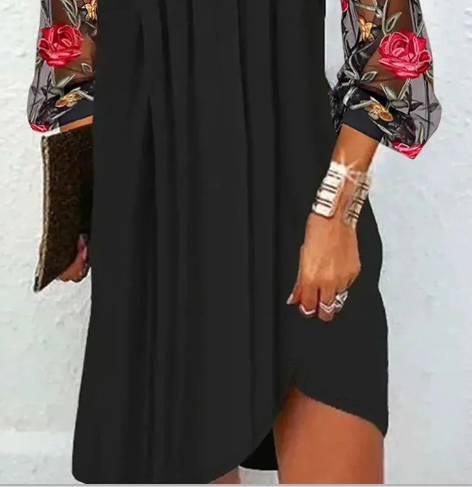 Diana Noir™ | Elegant mini dress with a V-shaped neckline and sheer sleeves