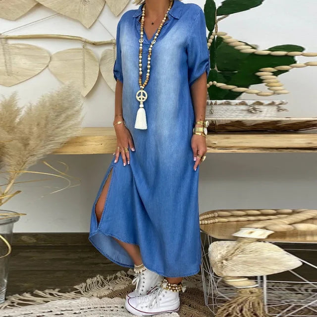 Lea™ | Long Denim Style Dress with Side Slit