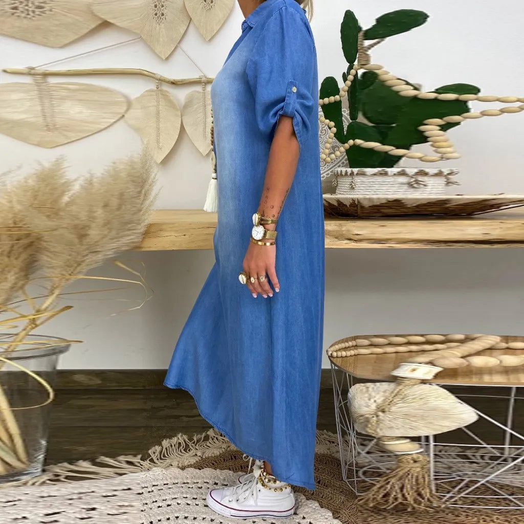 Lea™ | Long Denim Style Dress with Side Slit
