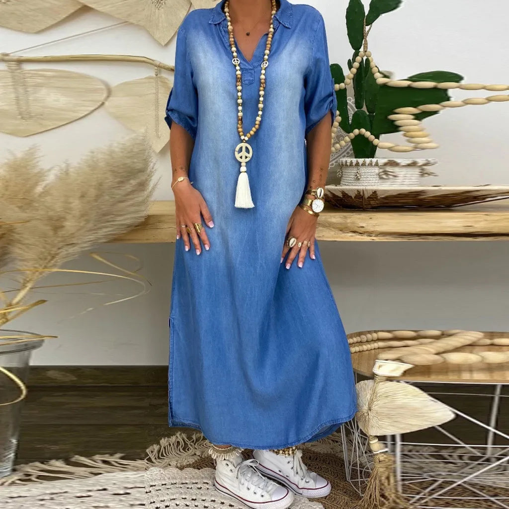 Lea™ | Long Denim Style Dress with Side Slit