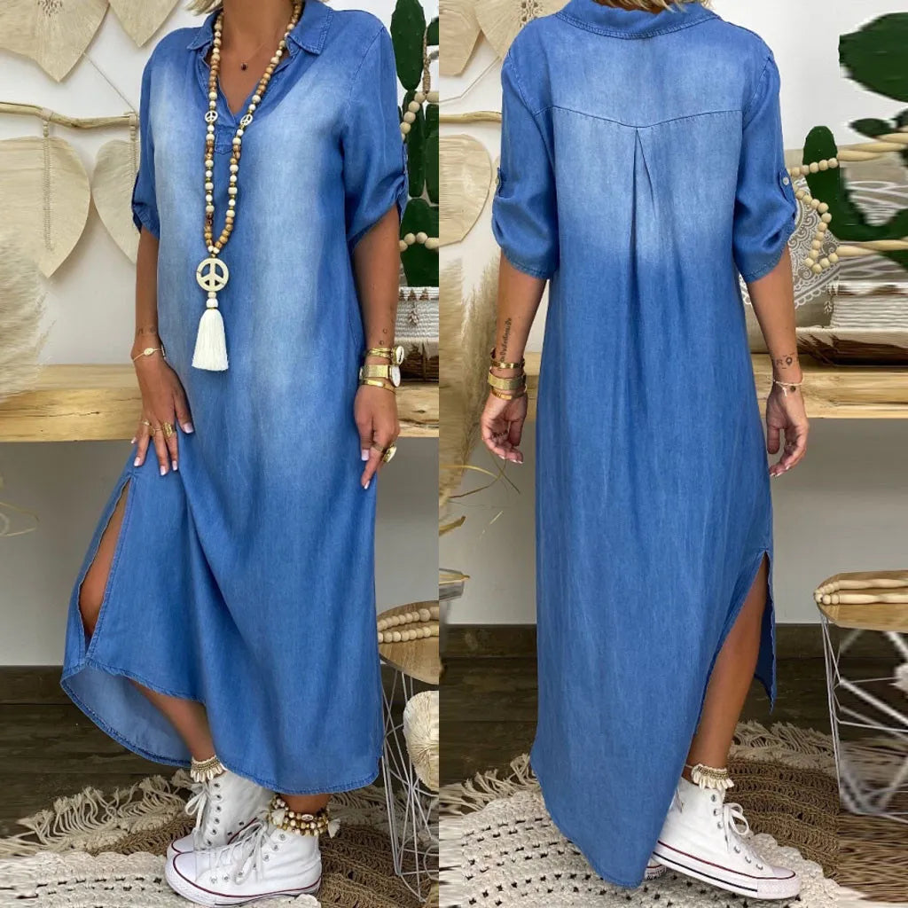 Lea™ | Long Denim Style Dress with Side Slit