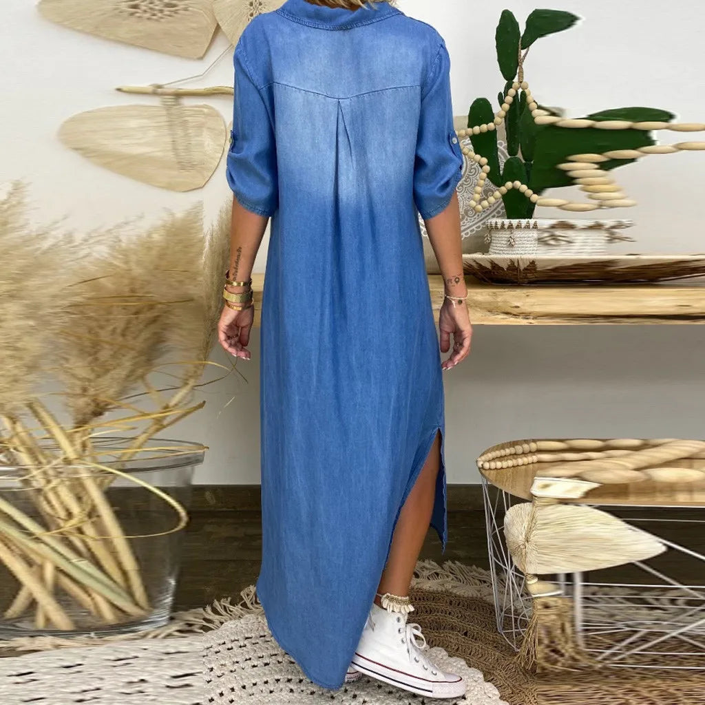 Lea™ | Long Denim Style Dress with Side Slit