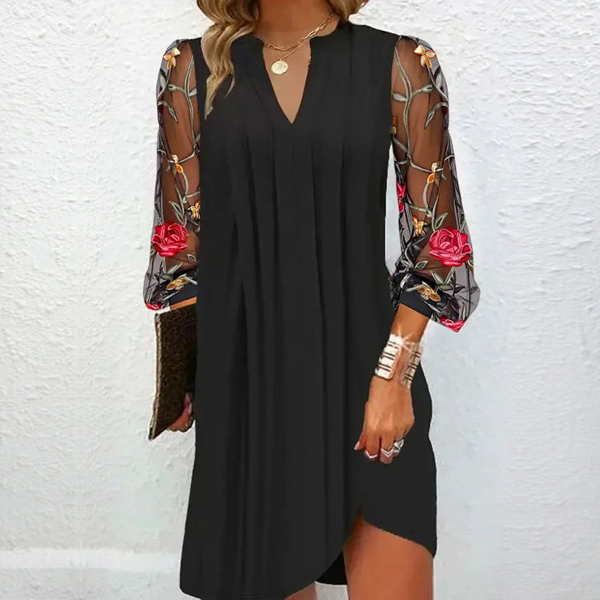 Diana Noir™ | Elegant mini dress with a V-shaped neckline and sheer sleeves