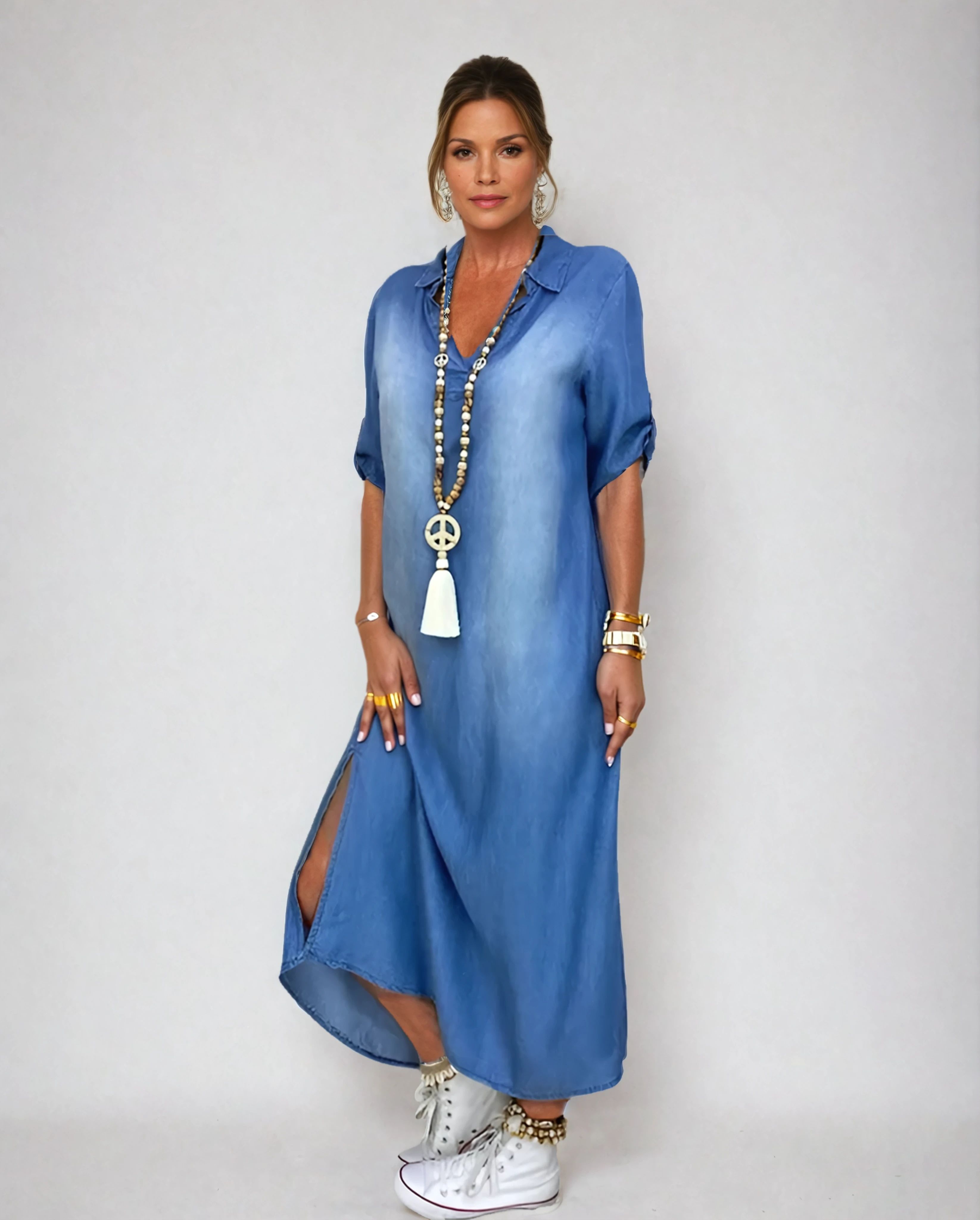 Lea™ | Long Denim Style Dress with Side Slit