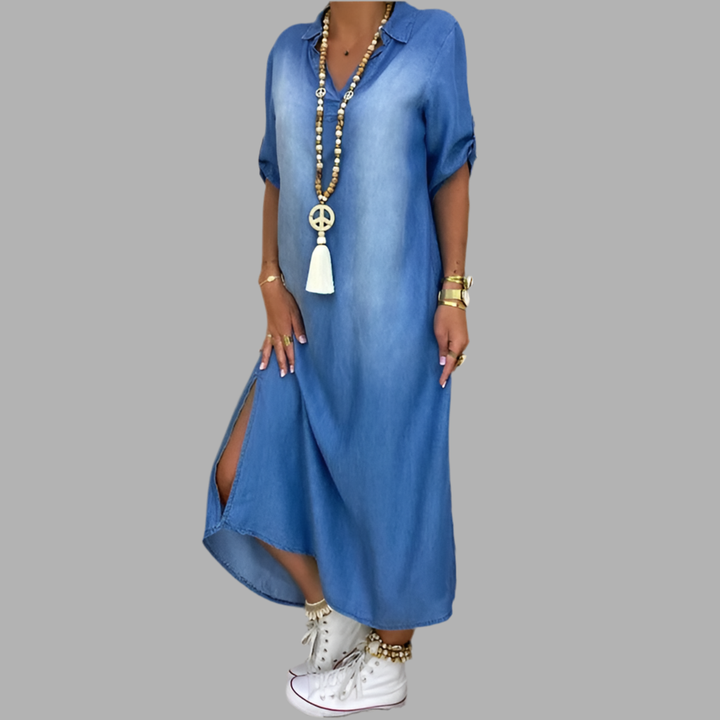 Lea™ | Long Denim Style Dress with Side Slit