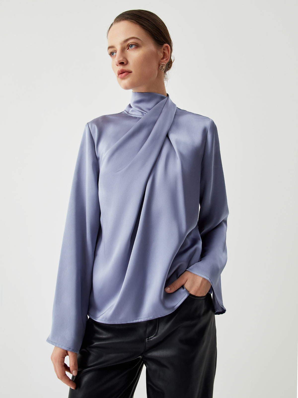 Satin blouse with asymmetric pleated collar