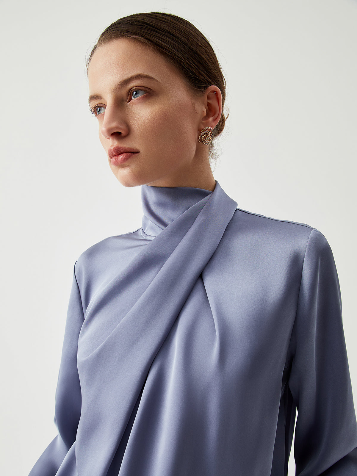 Satin blouse with asymmetric pleated collar