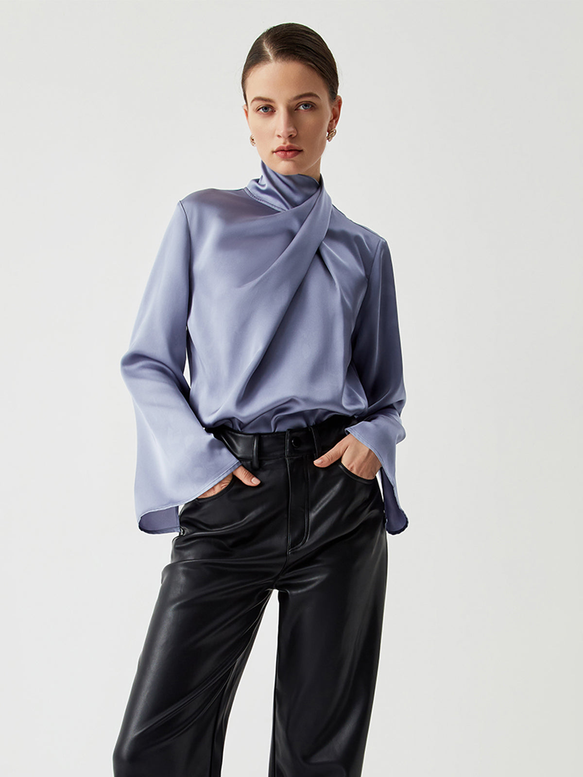 Satin blouse with asymmetric pleated collar