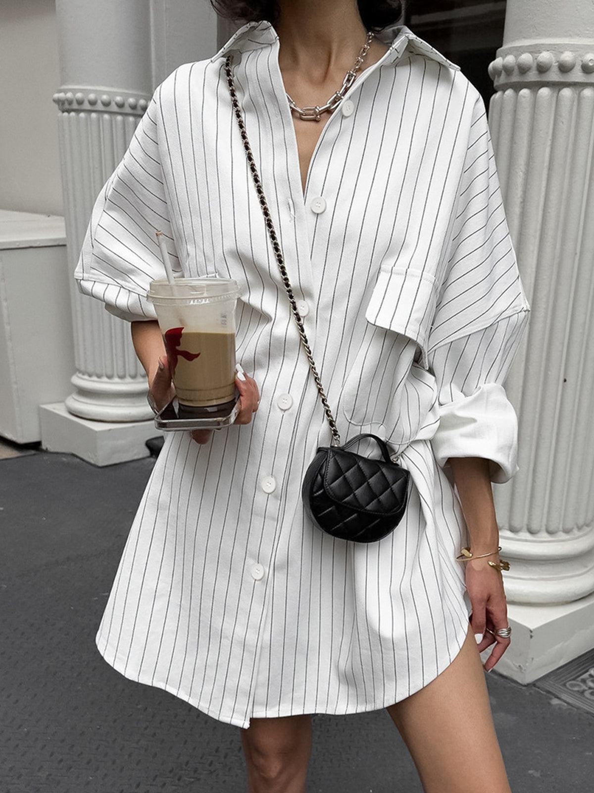 Striped Long Sleeve Shirt with Large Pockets