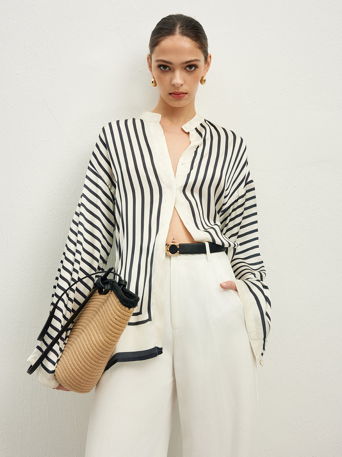 Cozy Shirt with Button and Satin Stripes
