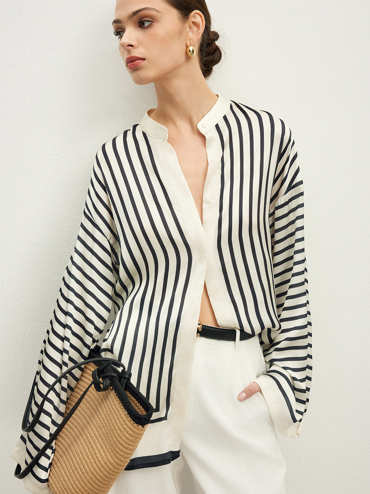 Cozy Shirt with Button and Satin Stripes