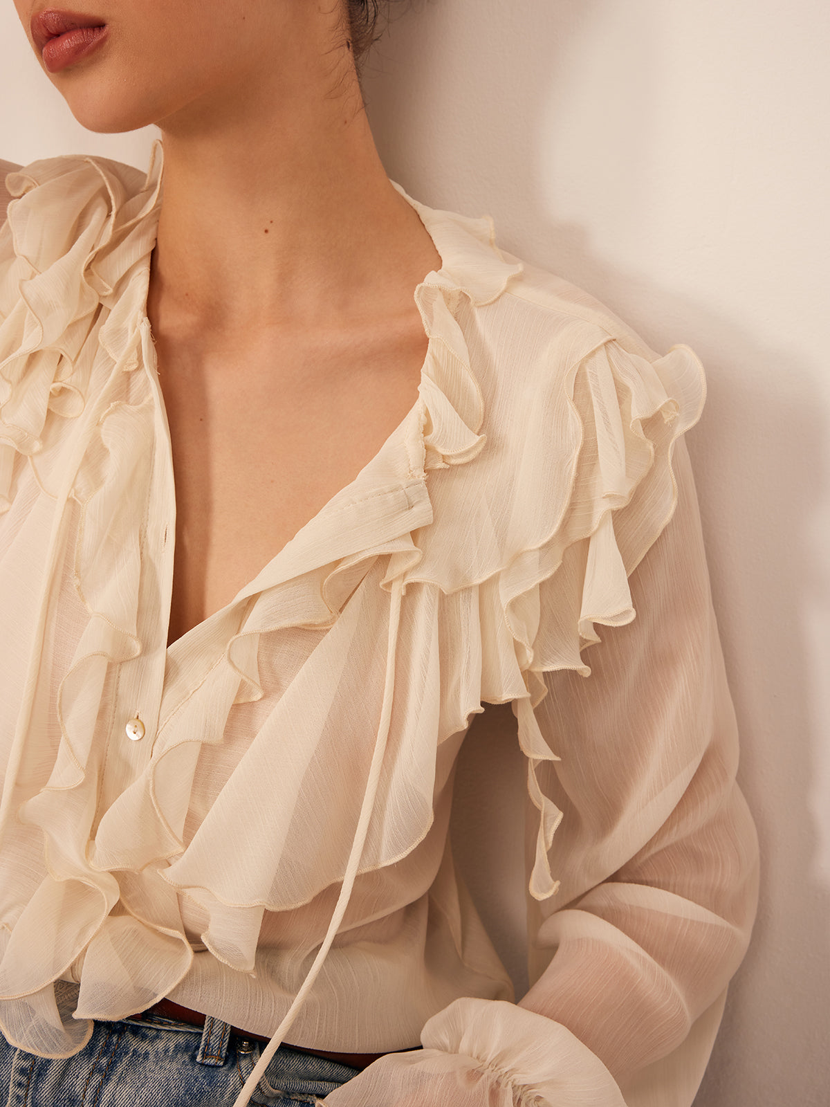 Thin Chiffon Blouse with Ruffles