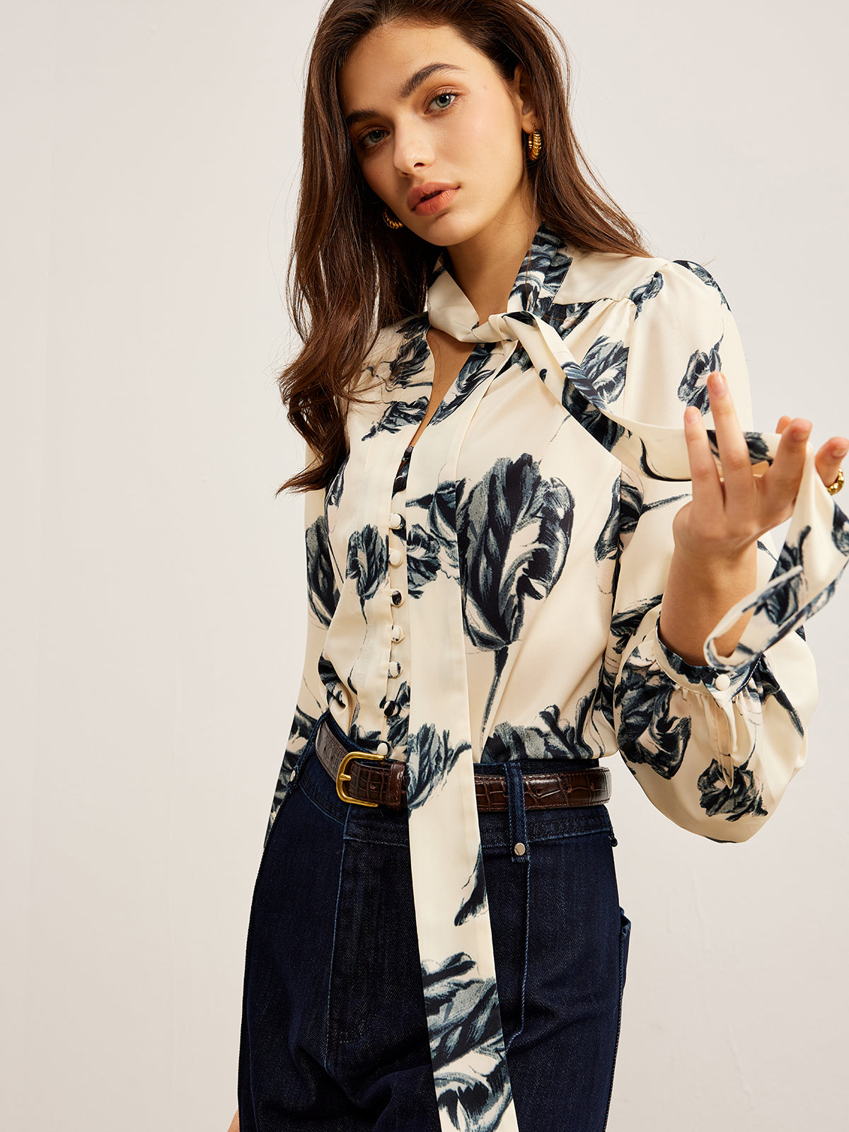 Satin Blouse with Print and Tied Collar