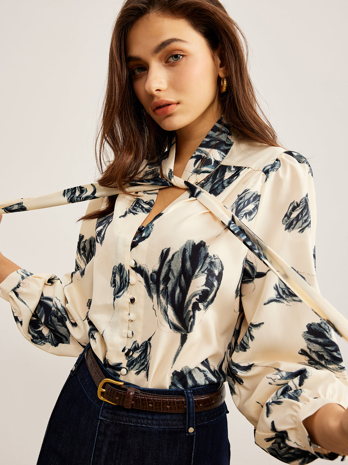 Satin Blouse with Print and Tied Collar