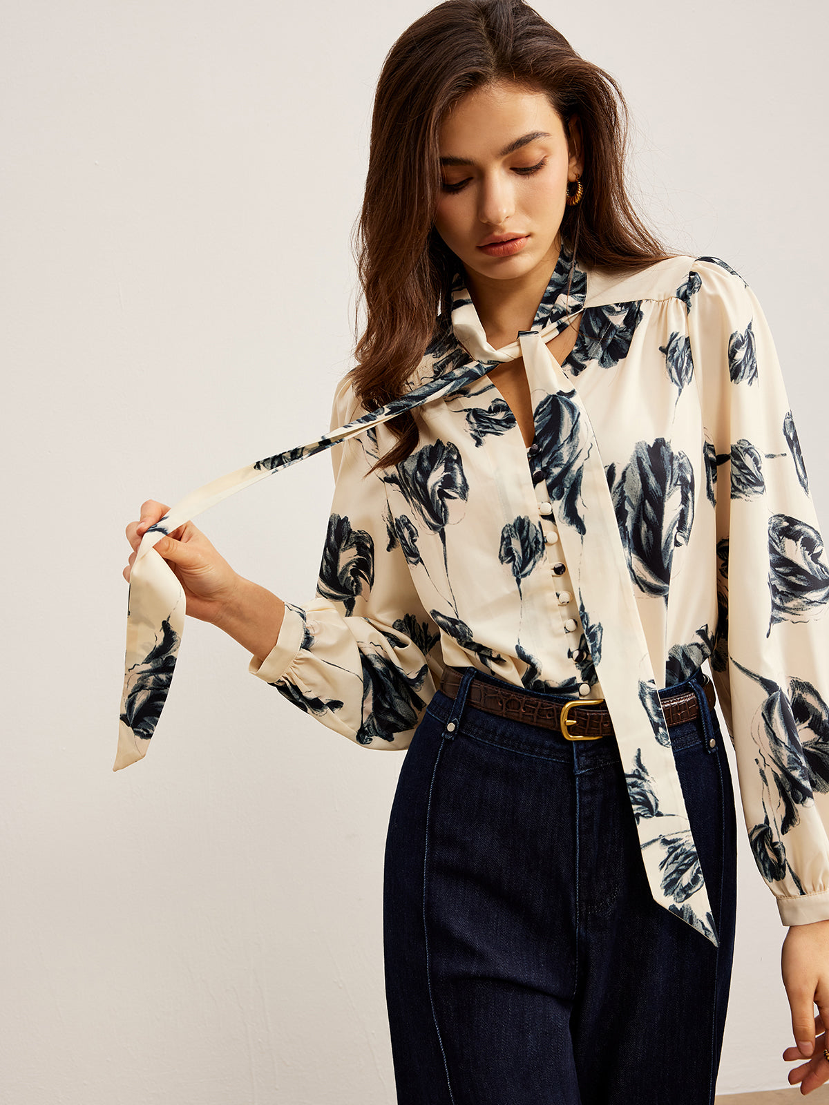 Satin Blouse with Print and Tied Collar