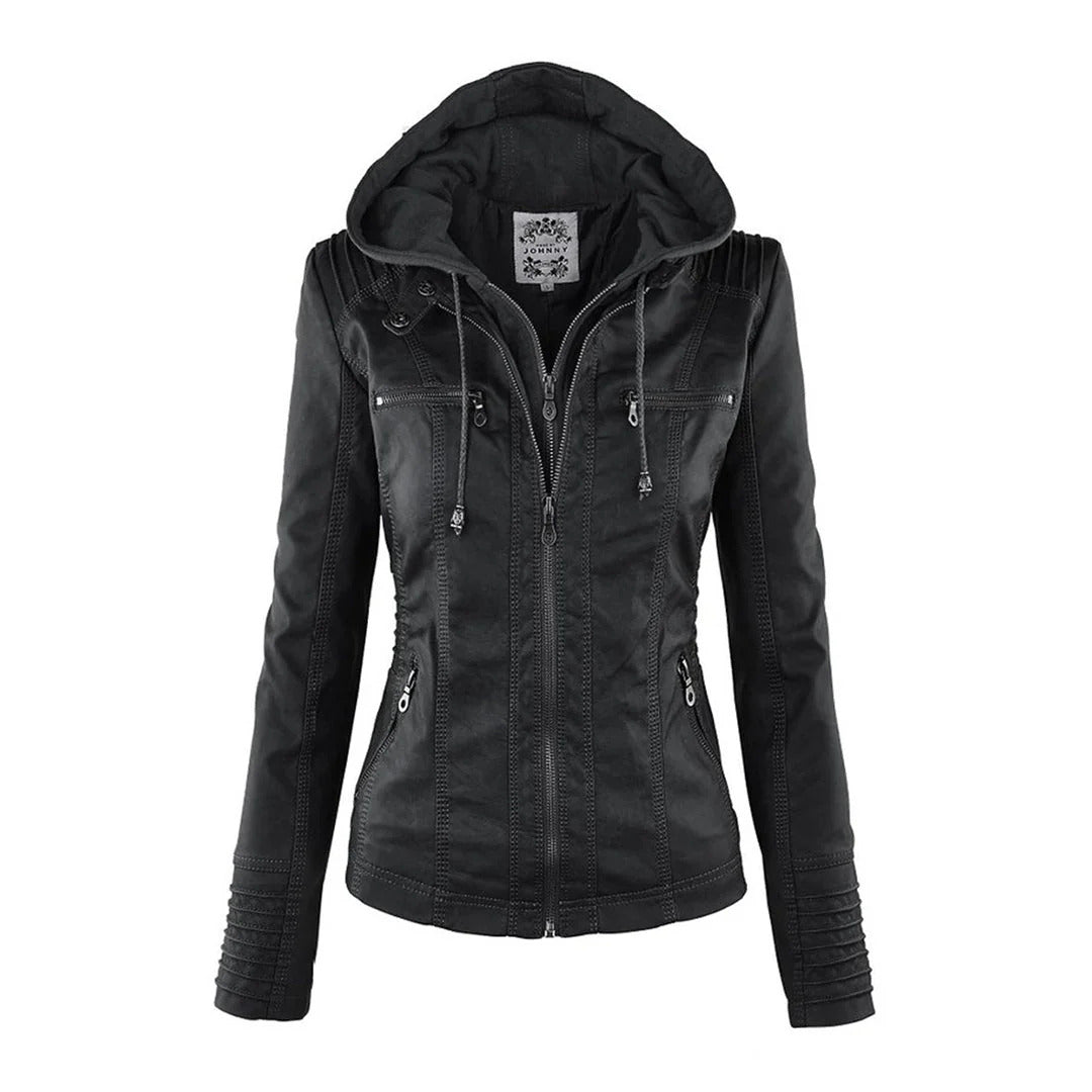 Sophia Rebel™ | Women's Windproof Leather Jacket with Hood