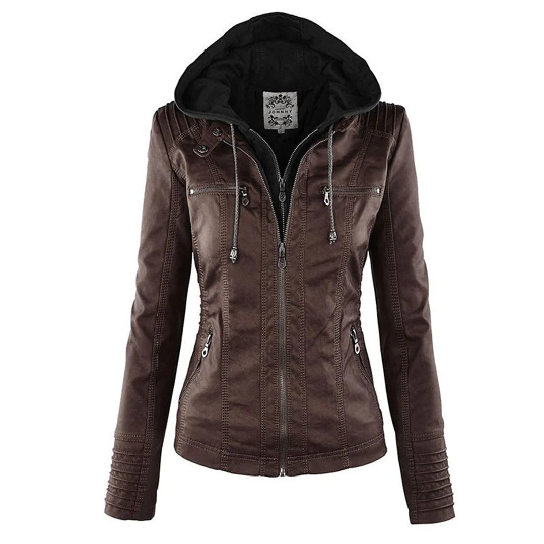 Sophia Rebel™ | Women's Windproof Leather Jacket with Hood