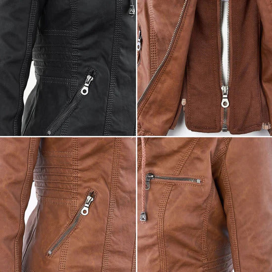 Sophia Rebel™ | Women's Windproof Leather Jacket with Hood