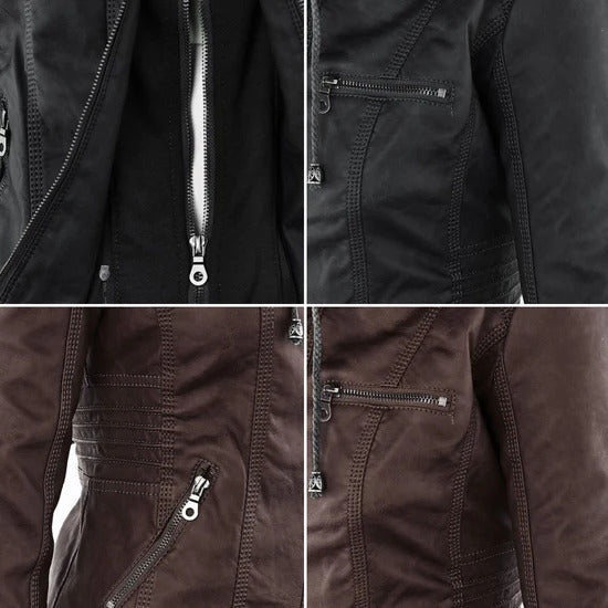 Sophia Rebel™ | Women's Windproof Leather Jacket with Hood