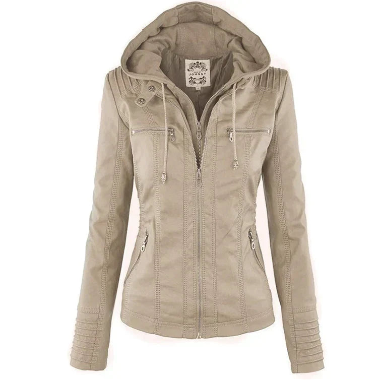 Sophia Rebel™ | Women's Windproof Leather Jacket with Hood
