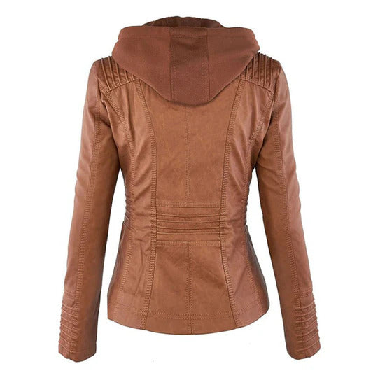 Sophia Rebel™ | Women's Windproof Leather Jacket with Hood