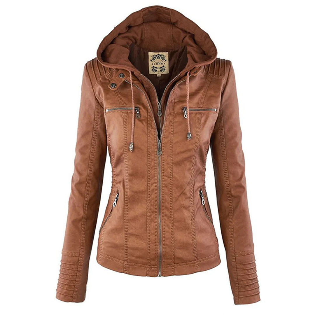 Sophia Rebel™ | Women's Windproof Leather Jacket with Hood