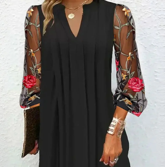 Diana Noir™ | Elegant mini dress with a V-shaped neckline and sheer sleeves